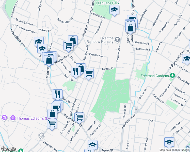 map of restaurants, bars, coffee shops, grocery stores, and more near 12 High Street in West Orange