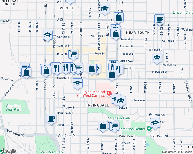 map of restaurants, bars, coffee shops, grocery stores, and more near 1430 South Street in Lincoln