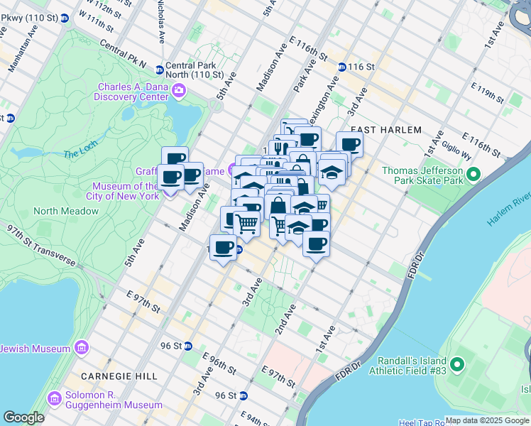 map of restaurants, bars, coffee shops, grocery stores, and more near 156 East 107th Street in New York