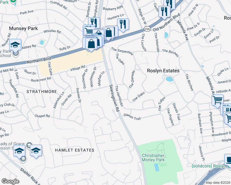 map of restaurants, bars, coffee shops, grocery stores, and more near 3 The Balsams in Roslyn