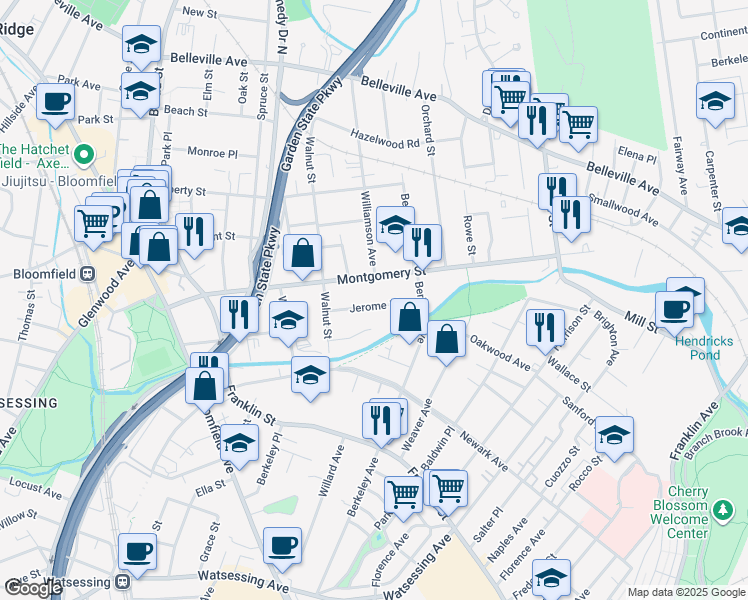map of restaurants, bars, coffee shops, grocery stores, and more near 156 Montgomery Street in Bloomfield
