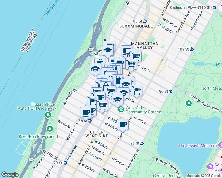 map of restaurants, bars, coffee shops, grocery stores, and more near 217 West 92nd Street in New York