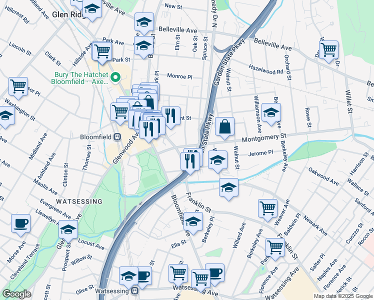 map of restaurants, bars, coffee shops, grocery stores, and more near 300 Montgomery Street in Bloomfield