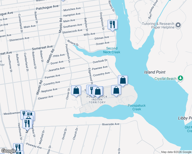 map of restaurants, bars, coffee shops, grocery stores, and more near 107 Coventry Avenue in Mastic