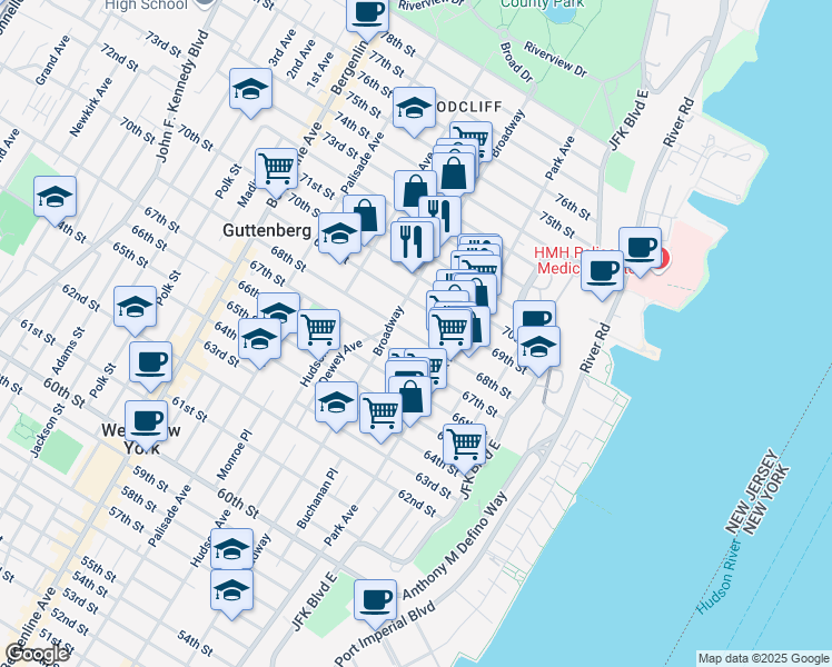 map of restaurants, bars, coffee shops, grocery stores, and more near 137 69th Street in Guttenberg
