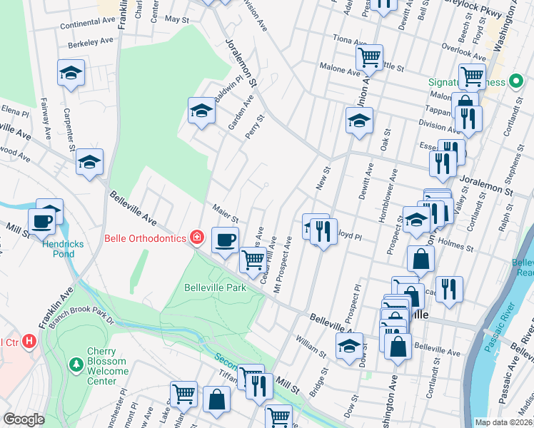 map of restaurants, bars, coffee shops, grocery stores, and more near 178 Branch Brook Drive in Belleville