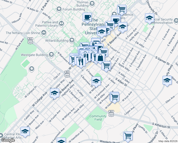 map of restaurants, bars, coffee shops, grocery stores, and more near in State College