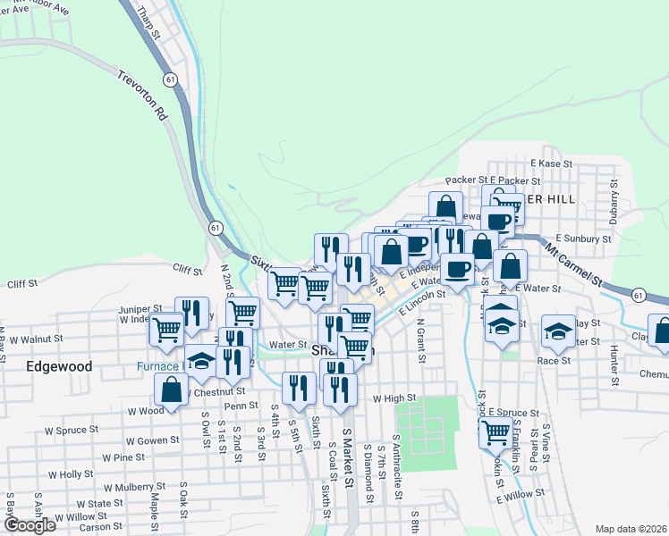 map of restaurants, bars, coffee shops, grocery stores, and more near 1-99 West Dewart Street in Shamokin
