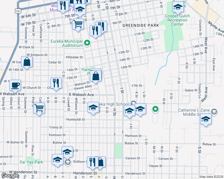 map of restaurants, bars, coffee shops, grocery stores, and more near 1722 H Street in Eureka