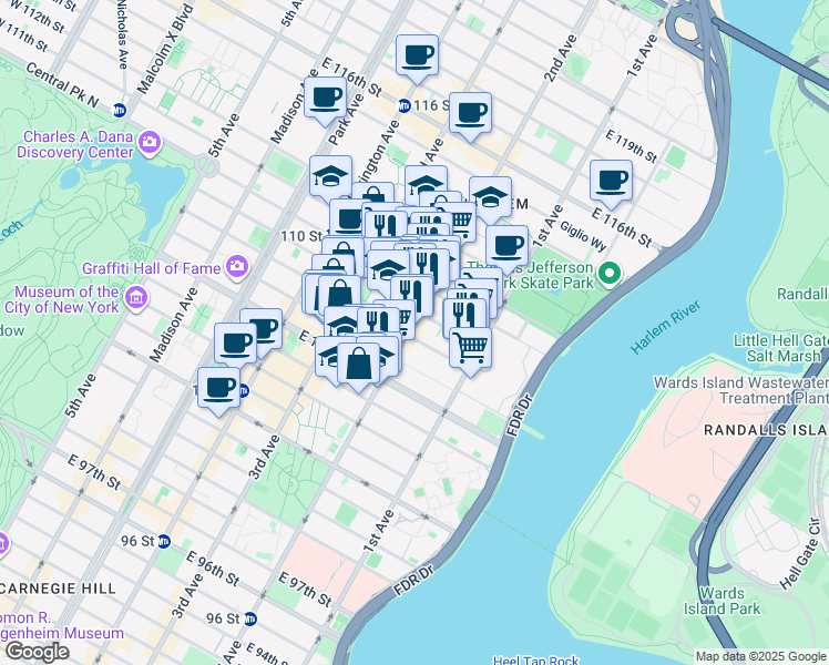 map of restaurants, bars, coffee shops, grocery stores, and more near 300 East 109th Street in New York