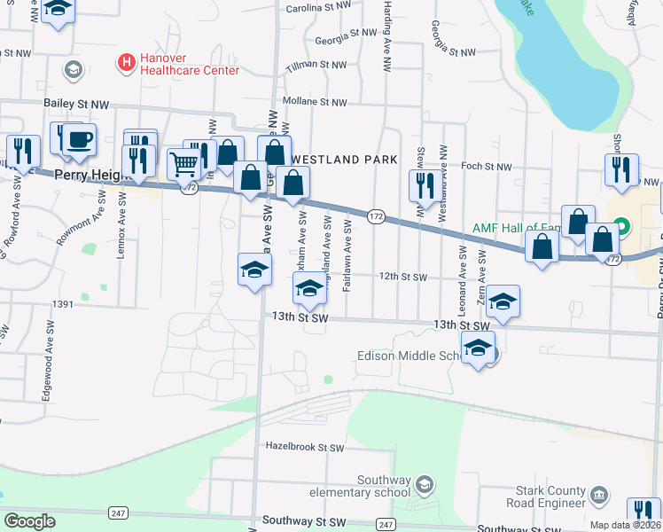 map of restaurants, bars, coffee shops, grocery stores, and more near 212 Highland Avenue Southwest in Massillon