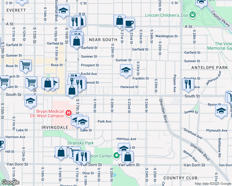 map of restaurants, bars, coffee shops, grocery stores, and more near 2011 Harwood Street in Lincoln