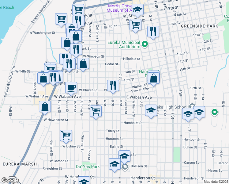 map of restaurants, bars, coffee shops, grocery stores, and more near 1651 B Street in Eureka