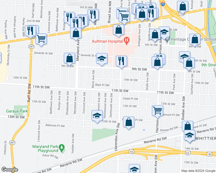 map of restaurants, bars, coffee shops, grocery stores, and more near 2710 Blair Place Southwest in Canton