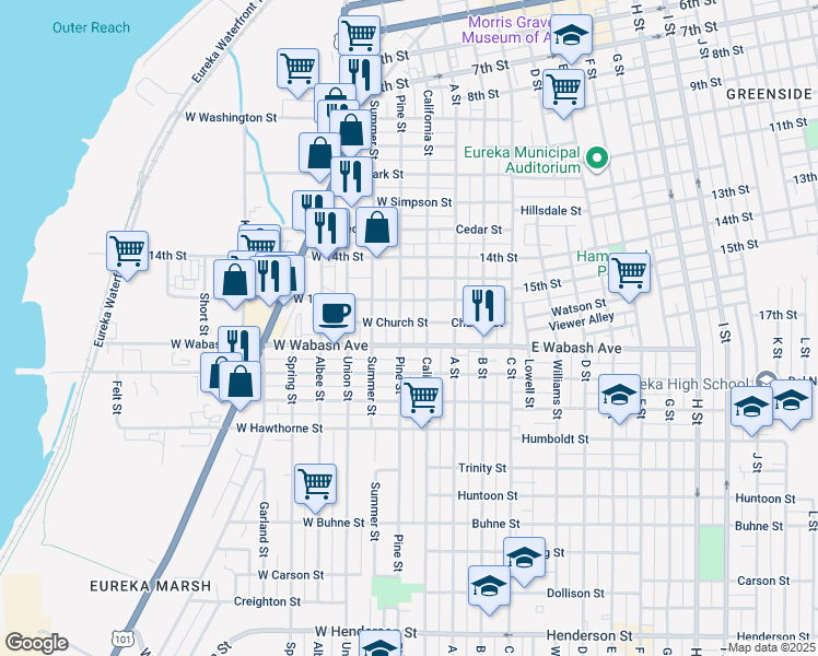 map of restaurants, bars, coffee shops, grocery stores, and more near 1616 Pine Street in Eureka