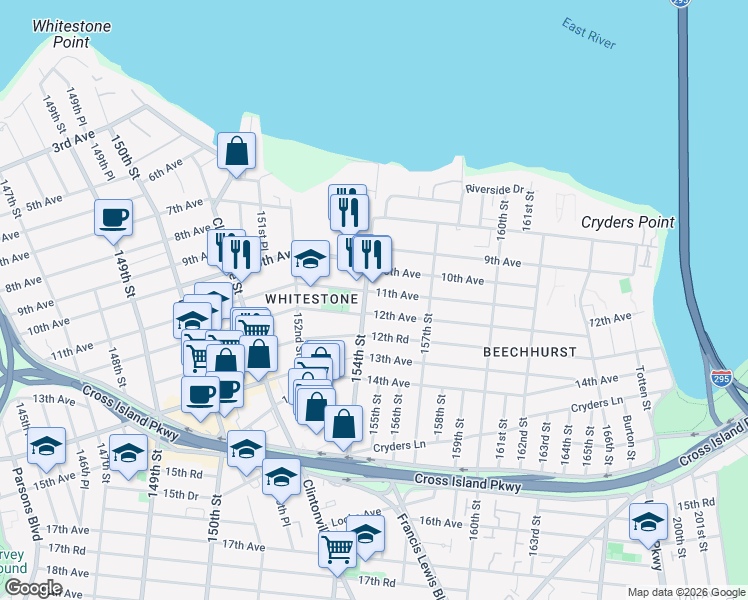map of restaurants, bars, coffee shops, grocery stores, and more near 1030 154th Street in Queens