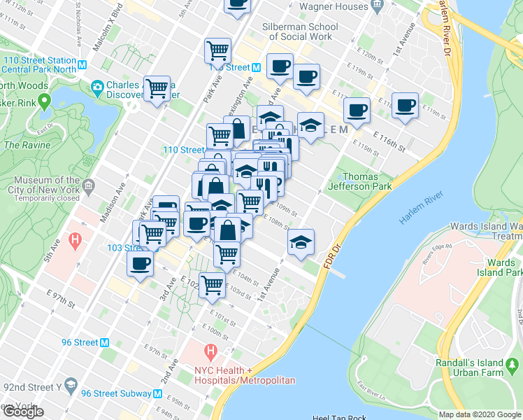 map of restaurants, bars, coffee shops, grocery stores, and more near 2100 2nd Avenue in New York