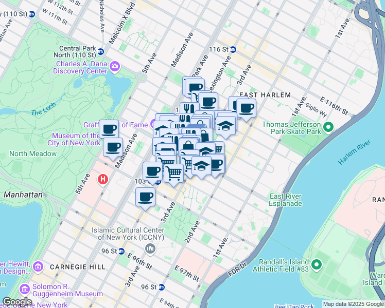 map of restaurants, bars, coffee shops, grocery stores, and more near 156 East 107th Street in New York