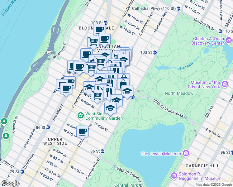 map of restaurants, bars, coffee shops, grocery stores, and more near 65 West 96th Street in New York