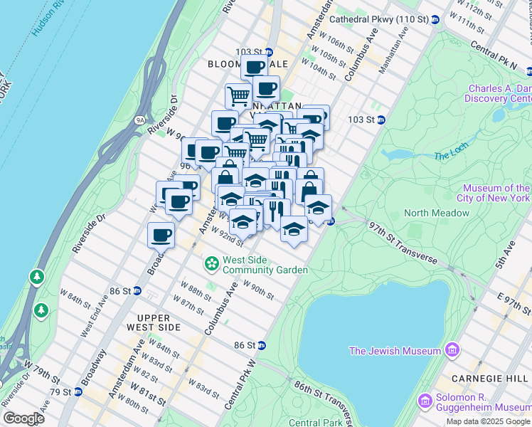 map of restaurants, bars, coffee shops, grocery stores, and more near 750 Columbus Avenue in New York