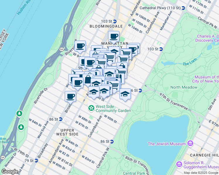 map of restaurants, bars, coffee shops, grocery stores, and more near 134 West 95th Street in New York