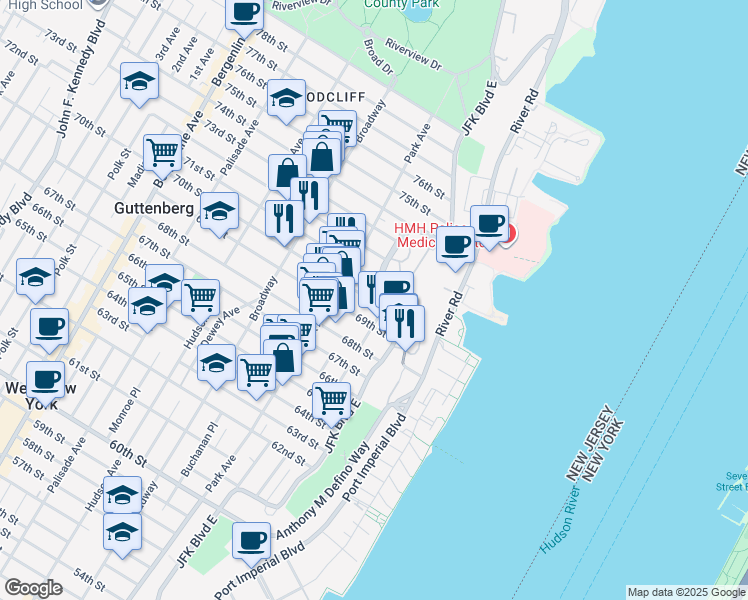 map of restaurants, bars, coffee shops, grocery stores, and more near 78 70th Street in Guttenberg