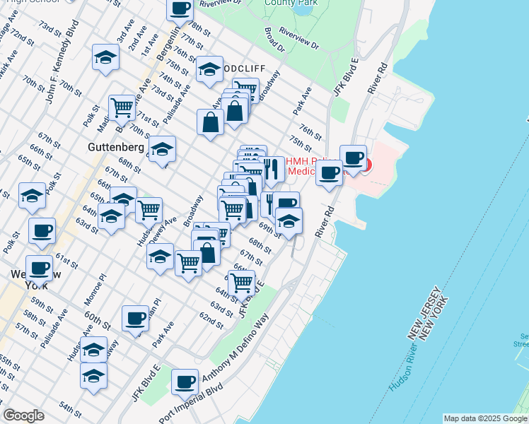 map of restaurants, bars, coffee shops, grocery stores, and more near 78 70th Street in Guttenberg