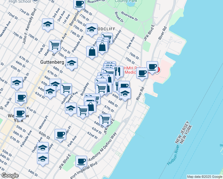 map of restaurants, bars, coffee shops, grocery stores, and more near 78 70th Street in Guttenberg