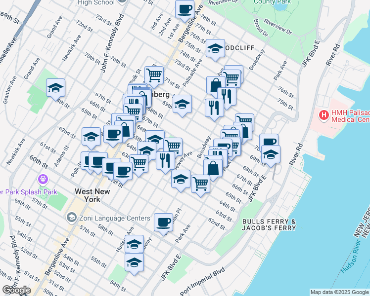 map of restaurants, bars, coffee shops, grocery stores, and more near 300 67th Street in West New York
