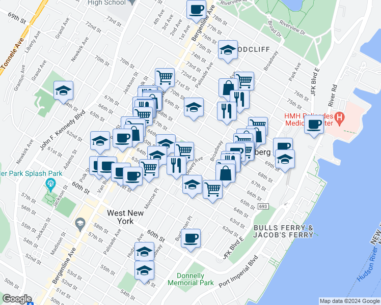 map of restaurants, bars, coffee shops, grocery stores, and more near 300 67th Street in West New York