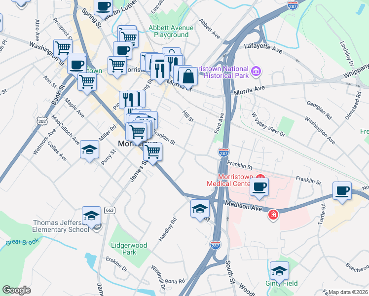map of restaurants, bars, coffee shops, grocery stores, and more near 11 Franklin Place in Morristown