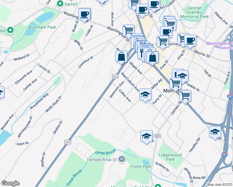 map of restaurants, bars, coffee shops, grocery stores, and more near 16 Colles Avenue in Morristown