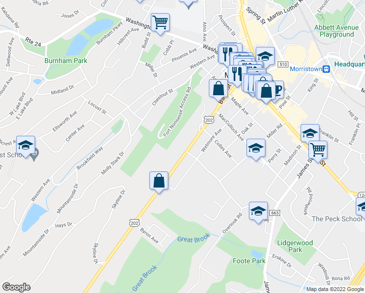 map of restaurants, bars, coffee shops, grocery stores, and more near 41 Mount Kemble Avenue in Morristown