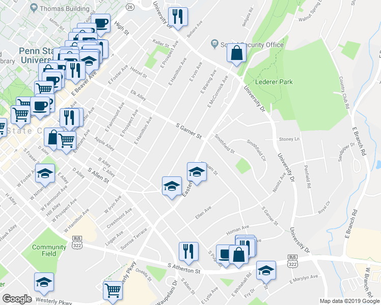 map of restaurants, bars, coffee shops, grocery stores, and more near 200-398 E McCormick Ave in State College