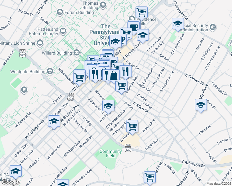 map of restaurants, bars, coffee shops, grocery stores, and more near 250 South Allen Street in State College