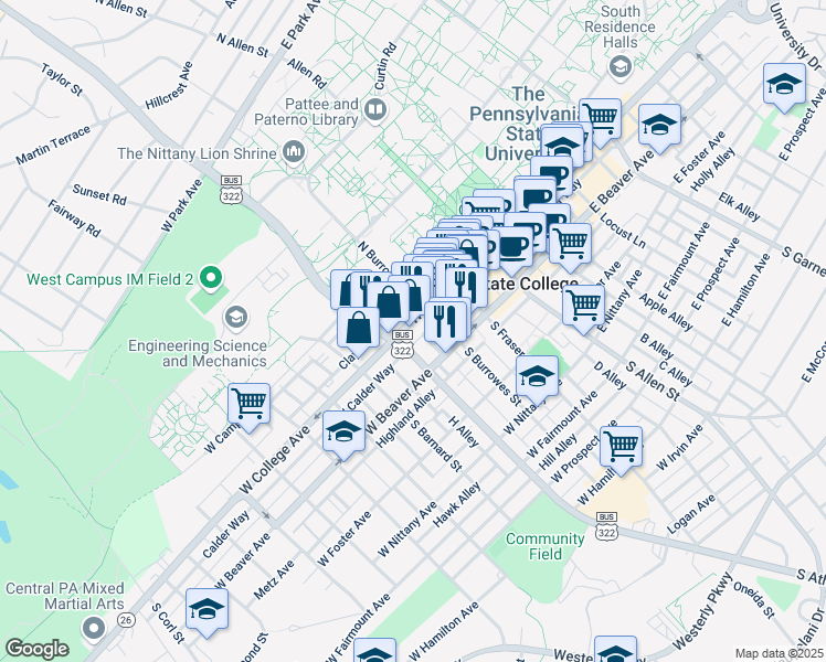 map of restaurants, bars, coffee shops, grocery stores, and more near 331 West College Avenue in State College