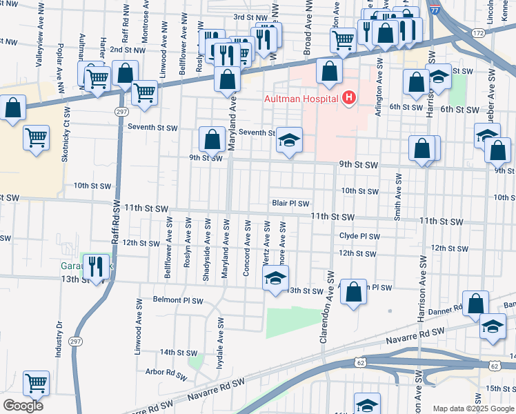 map of restaurants, bars, coffee shops, grocery stores, and more near 1013 Wertz Avenue Southwest in Canton
