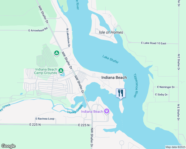 map of restaurants, bars, coffee shops, grocery stores, and more near 4957 East Indiana Beach Road in Monticello