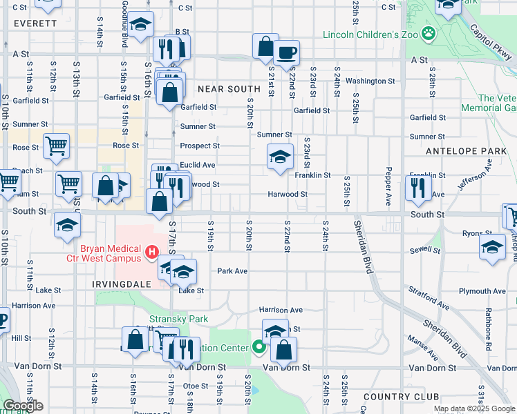 map of restaurants, bars, coffee shops, grocery stores, and more near 2011 Harwood Street in Lincoln