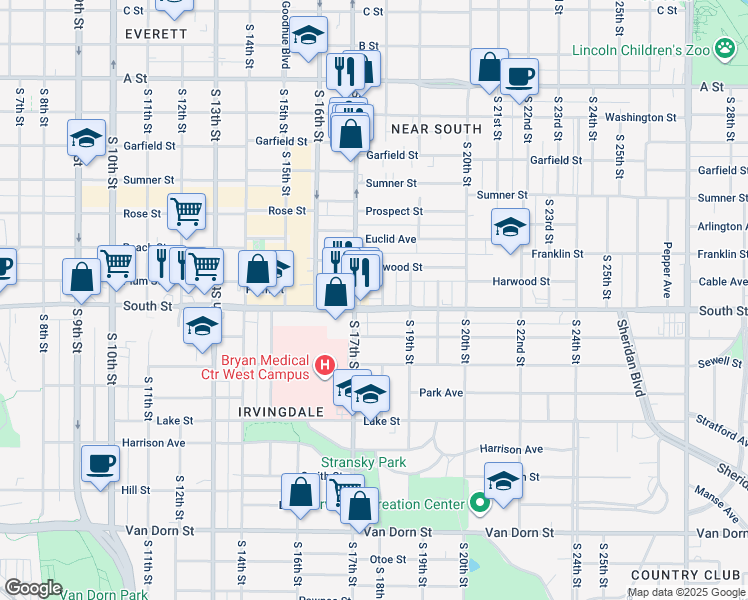 map of restaurants, bars, coffee shops, grocery stores, and more near 2035 South 18th Street in Lincoln