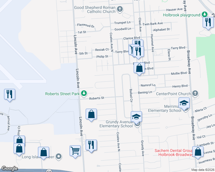 map of restaurants, bars, coffee shops, grocery stores, and more near 58 Celeste Avenue in Holbrook