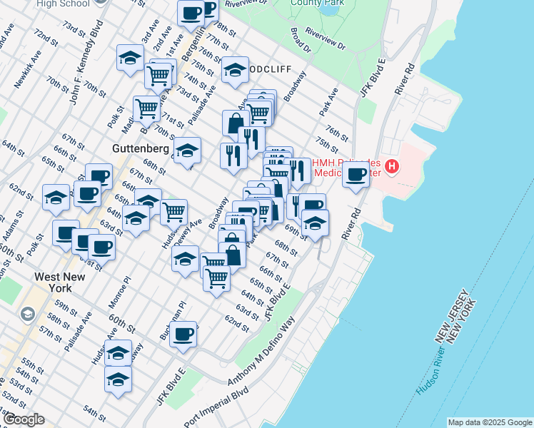map of restaurants, bars, coffee shops, grocery stores, and more near Park Avenue & 69th Street in Guttenberg