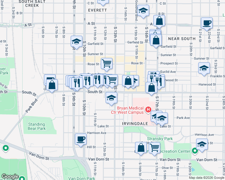 map of restaurants, bars, coffee shops, grocery stores, and more near 1217 Plum Street in Lincoln