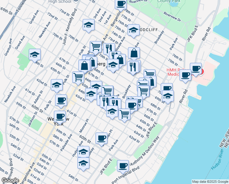map of restaurants, bars, coffee shops, grocery stores, and more near 300 67th Street in West New York