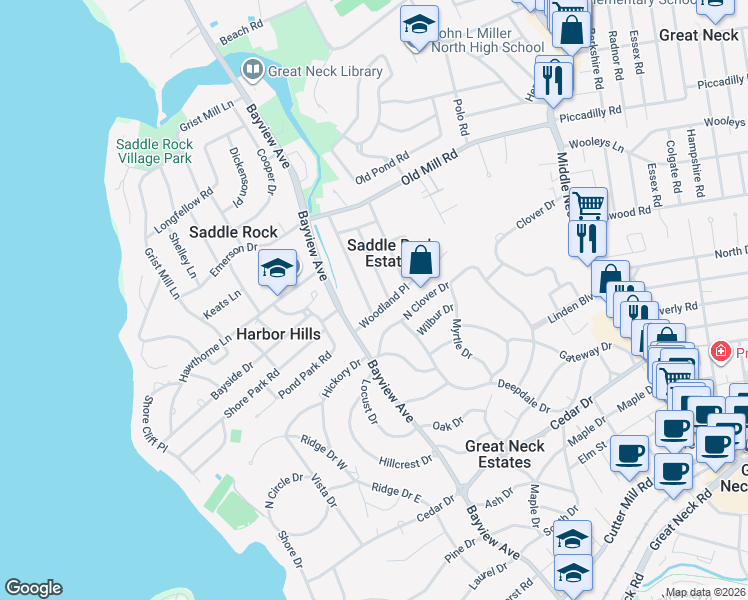 map of restaurants, bars, coffee shops, grocery stores, and more near 17 Parkside Drive in Great Neck