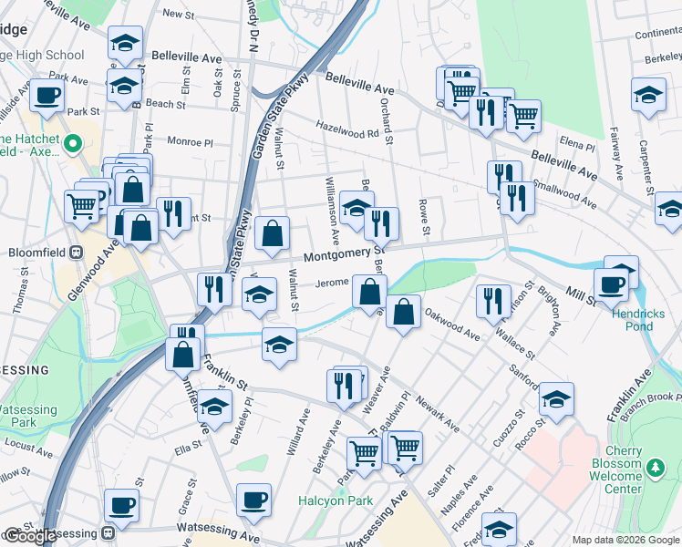map of restaurants, bars, coffee shops, grocery stores, and more near 156 Montgomery Street in Bloomfield