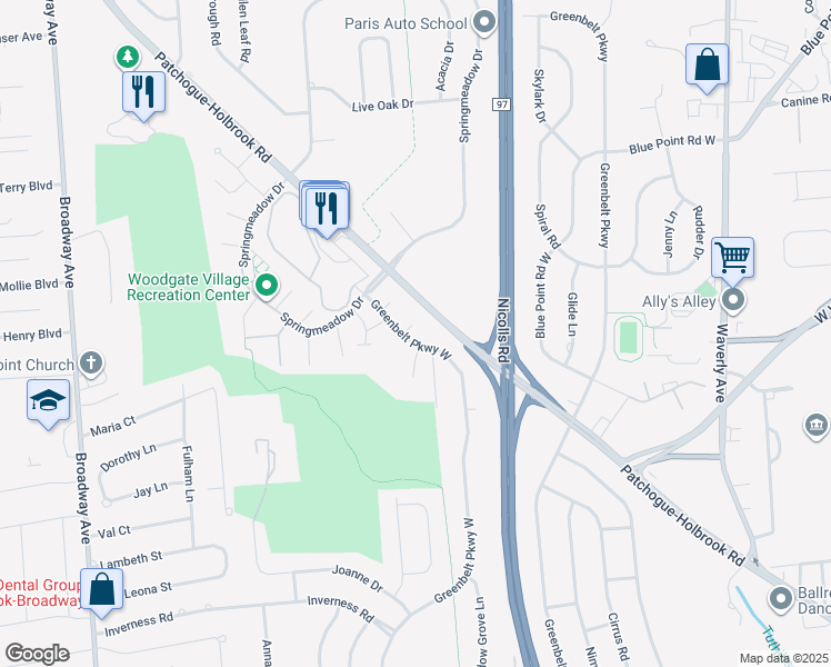map of restaurants, bars, coffee shops, grocery stores, and more near 20 Bradbury Court in Holbrook
