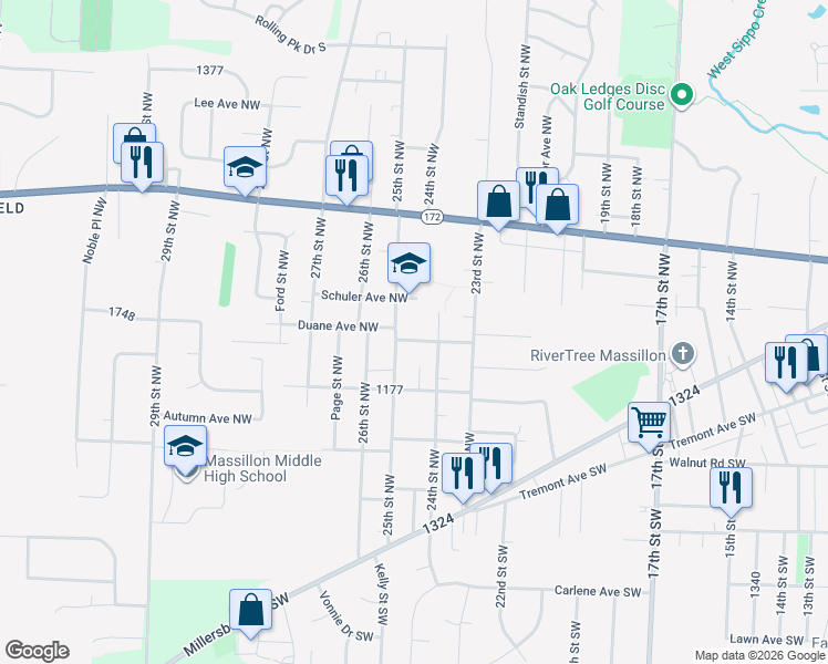 map of restaurants, bars, coffee shops, grocery stores, and more near 221 24th Street Northwest in Massillon