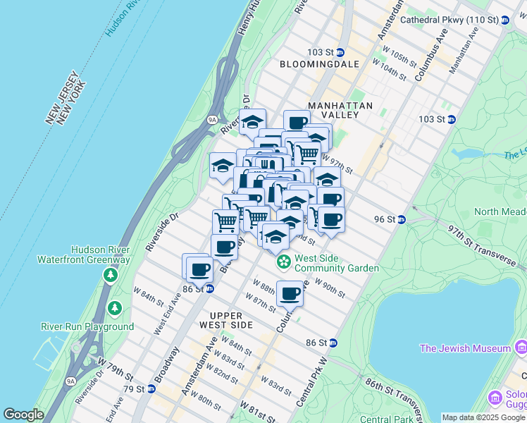 map of restaurants, bars, coffee shops, grocery stores, and more near 211 West 92nd Street in New York