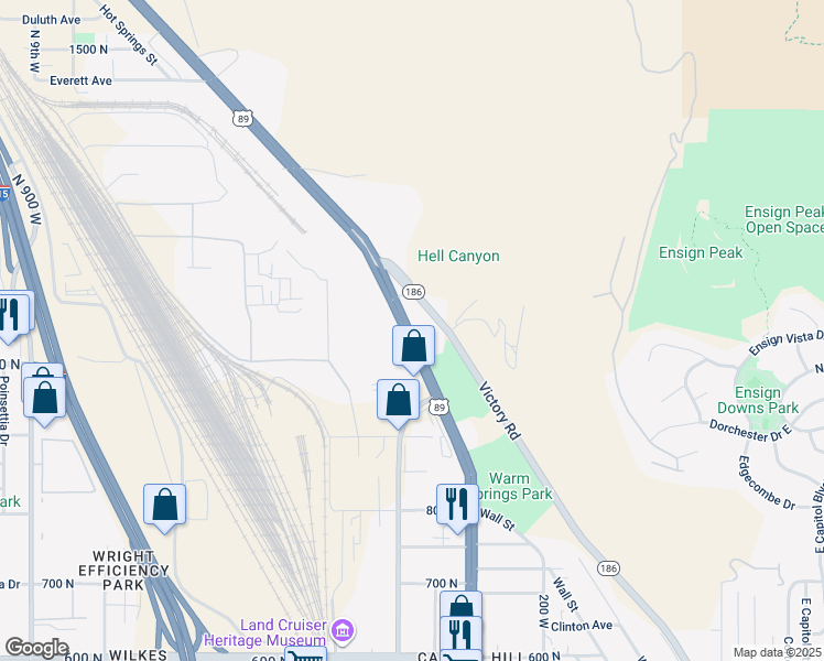map of restaurants, bars, coffee shops, grocery stores, and more near 1055 Victory Road in Salt Lake City